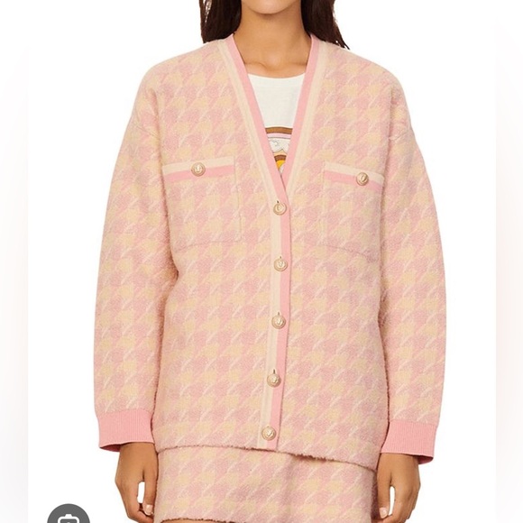 Sandro Kimberley Houndstooth Pink Cardigan Sweater - Picture 1 of 12